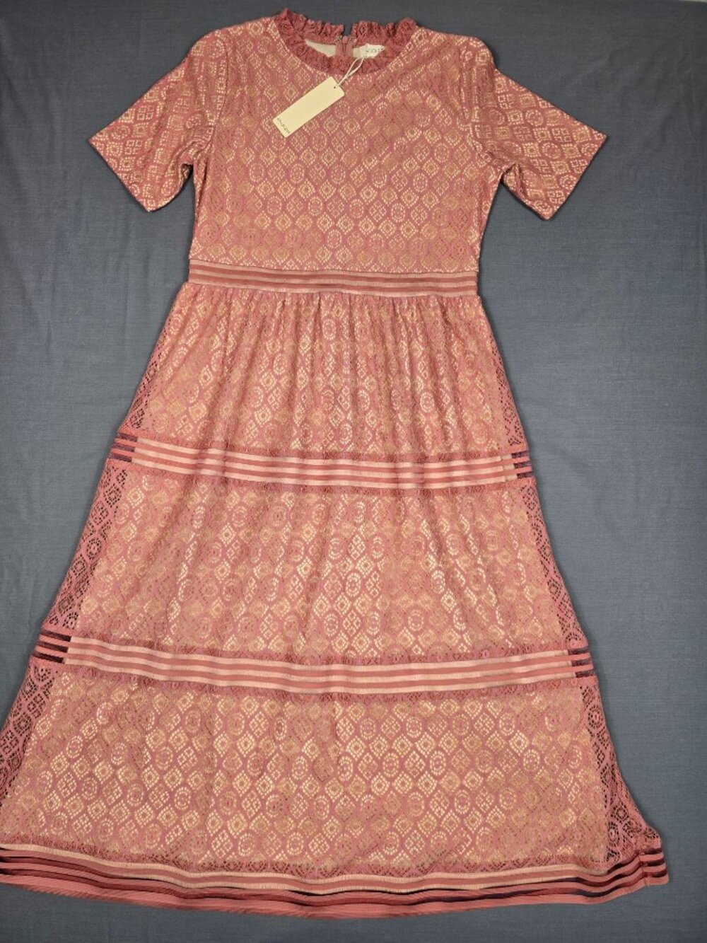 NEW Roolee Lace Maxi Dress Pink Geometric Pattern Short Sleeve Sz L Cottagecore